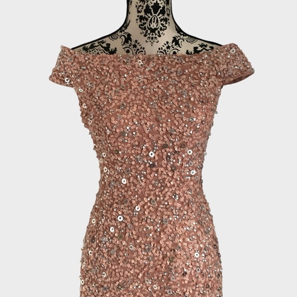 Adrianna Papell Sequin Off The Shoulder Gown - Picture 4 of 12